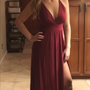 long maroon double slit dress